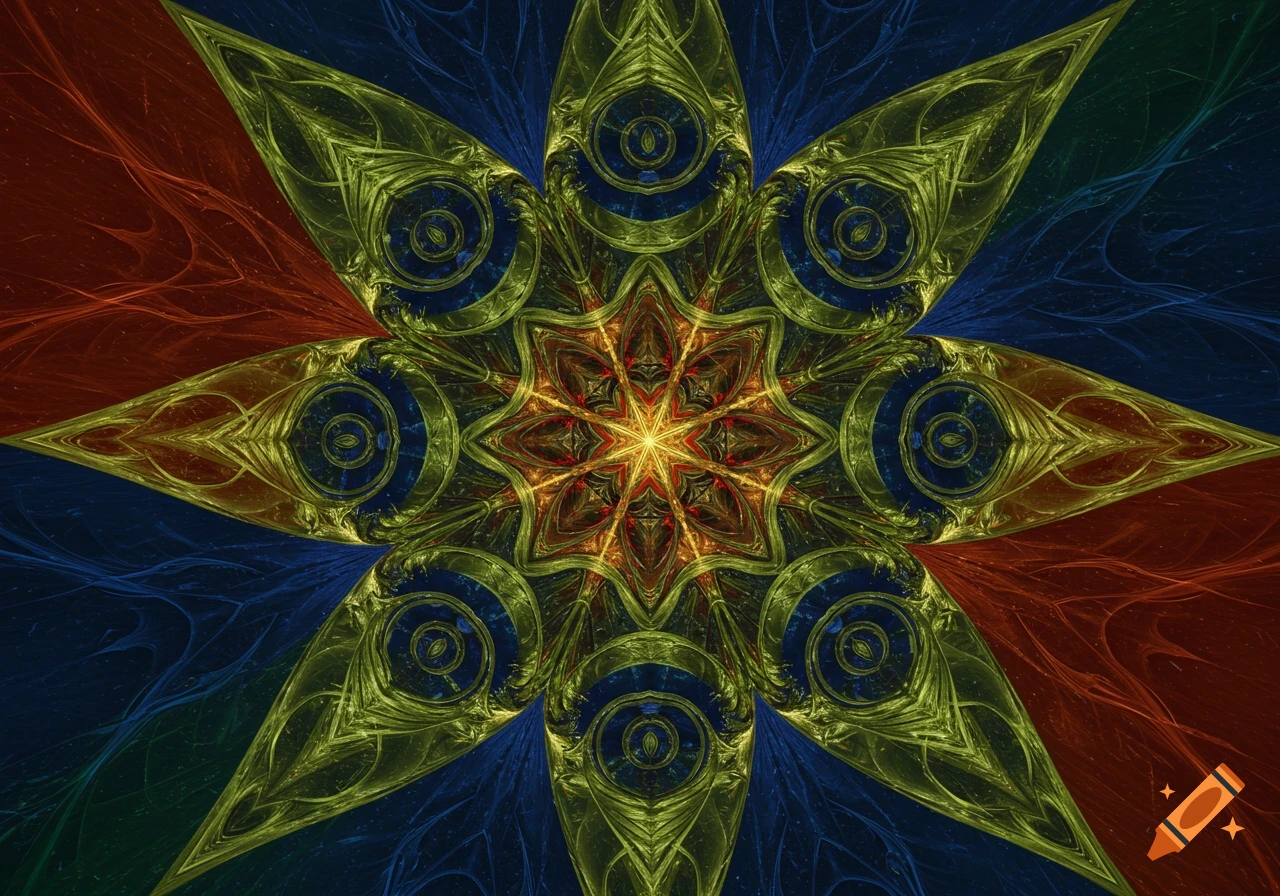 An intricate, symmetrical abstract pattern with a central star, radiating in yellow-green, blue, and red fractal-like designs.