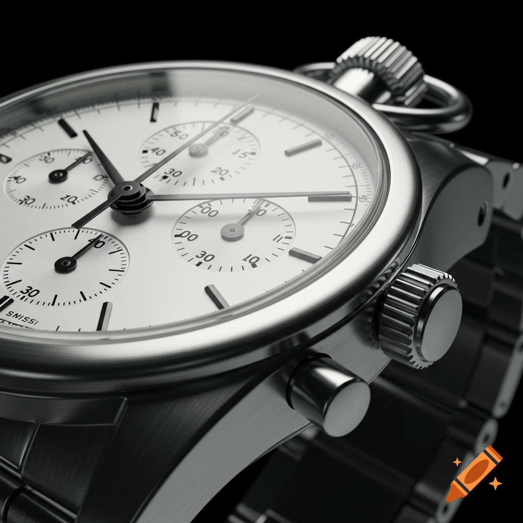A close-up of a silver chronometer watch with a white face and black hands on a dark background.