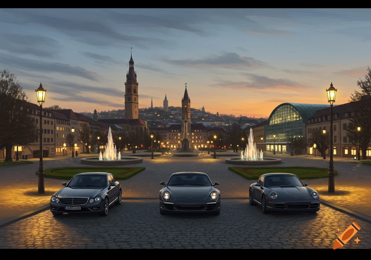 A scenic view of a city square at dusk with three dark-colored luxury cars on a cobblestone street. Illuminated buildings and fountains are in the background.