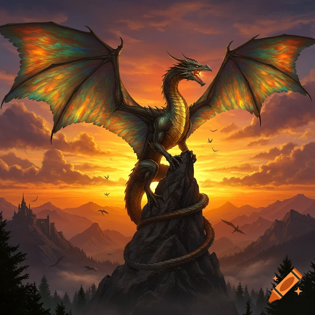 A majestic dark green dragon with iridescent wings stands atop a mountain peak, silhouetted against a dramatic orange and purple sunset sky over a vast, forested mountain range.