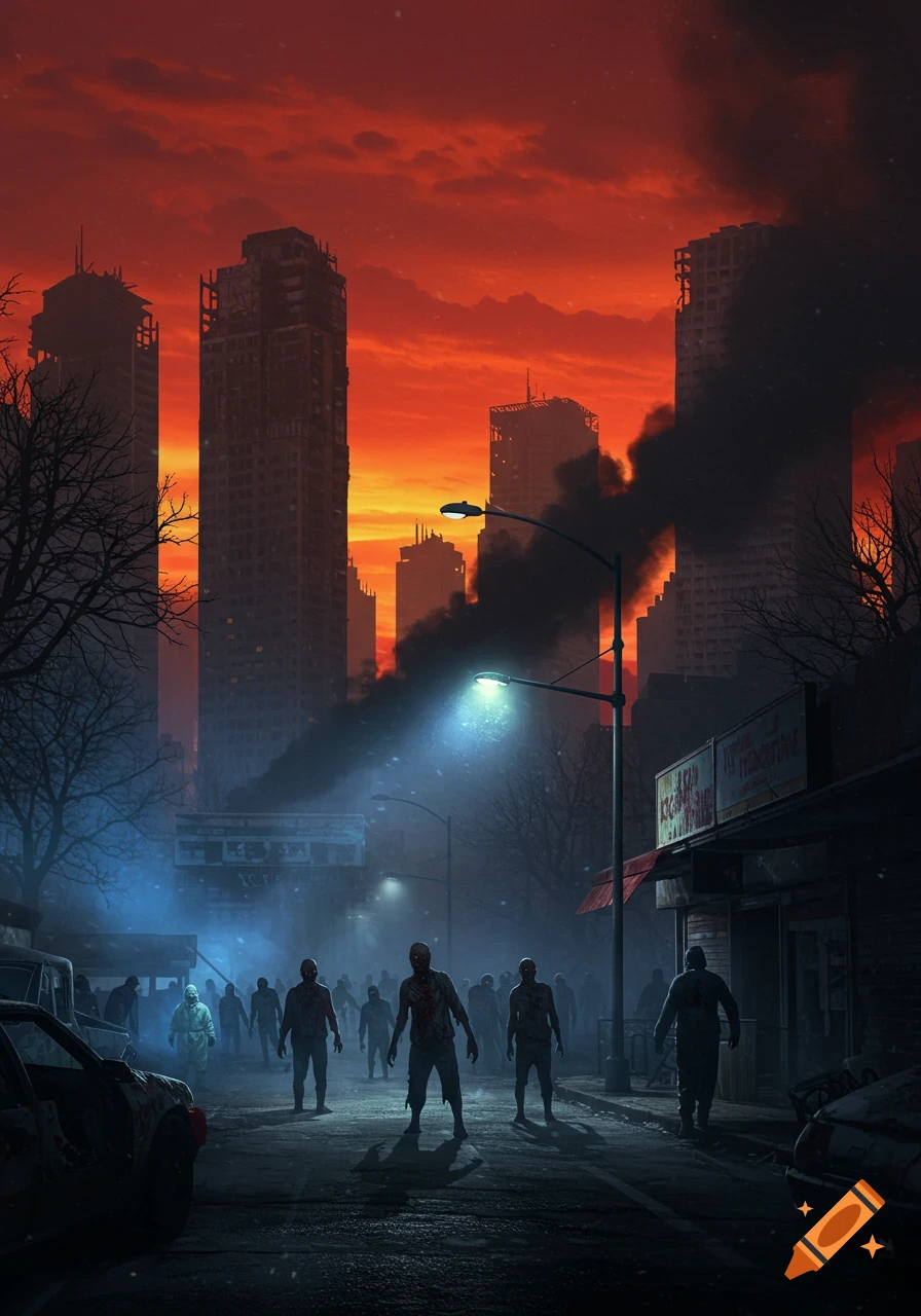 A street teeming with zombies and abandoned cars in a burning, post-apocalyptic city under a fiery red sky, illuminated by a streetlamp.