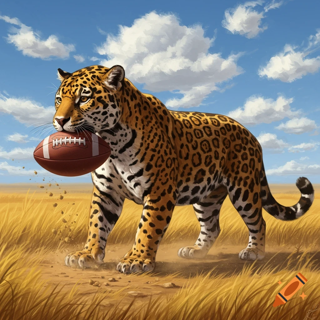 A majestic jaguar walks across a golden grassy plain, carrying a football gently in its mouth, under a bright blue sky with fluffy white clouds.