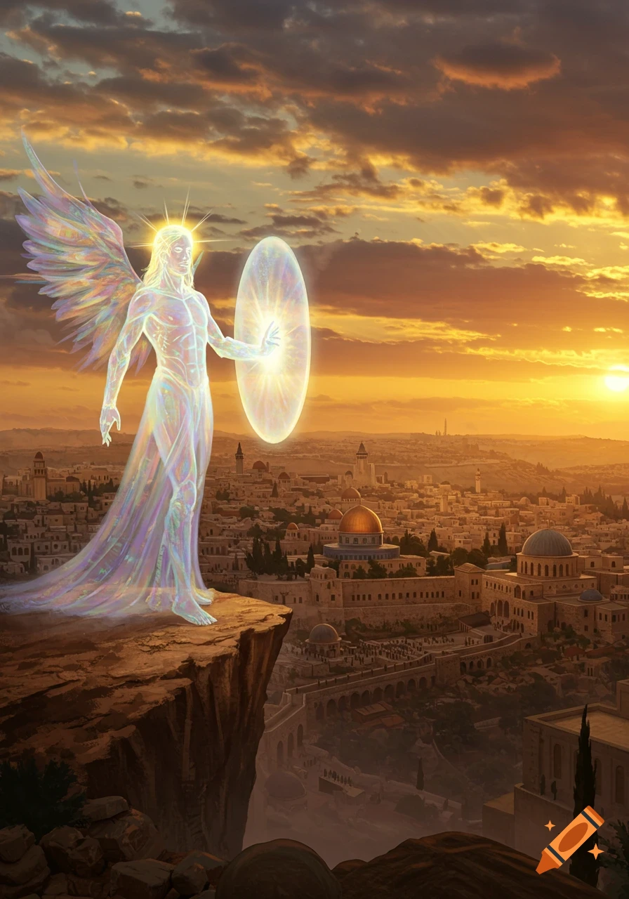 A glowing, ethereal angel-like figure with iridescent wings and a halo stands on a cliff overlooking an ancient city at sunset. The figure holds a luminous shield.
