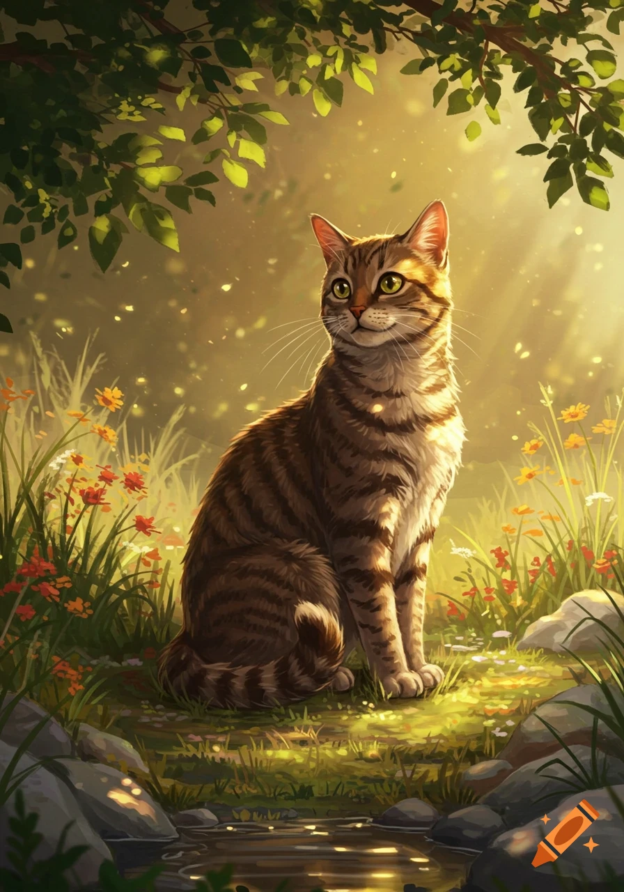 A tabby cat with green eyes sits in a sunlit forest clearing among grass and orange flowers, rendered in an illustrative style.