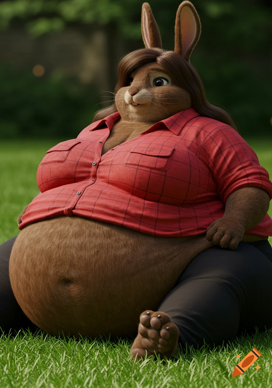 Extremely obese anthropomorphic brown bunny with long hair, red plaid shirt, and black pants, sitting on green grass in a photorealistic 3D render.