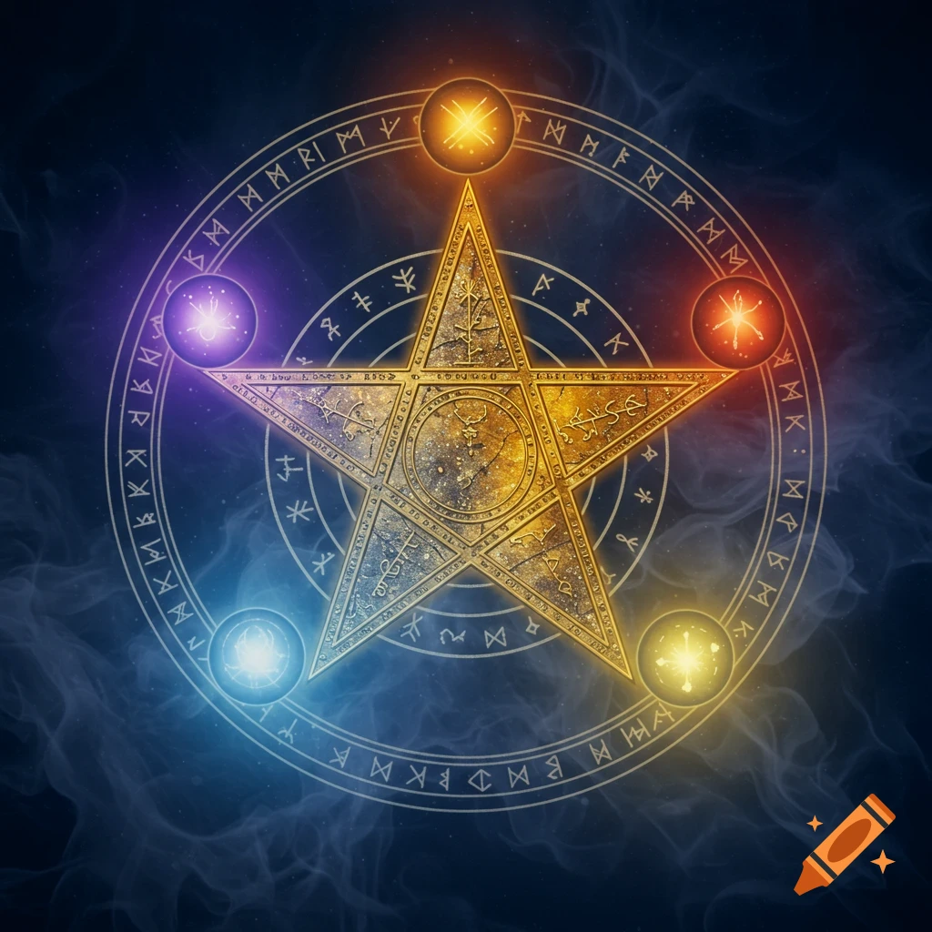 A glowing golden pentagram with five bright orbs at its points, encircled by two rings of mystical runes, set against a smoky dark blue background.