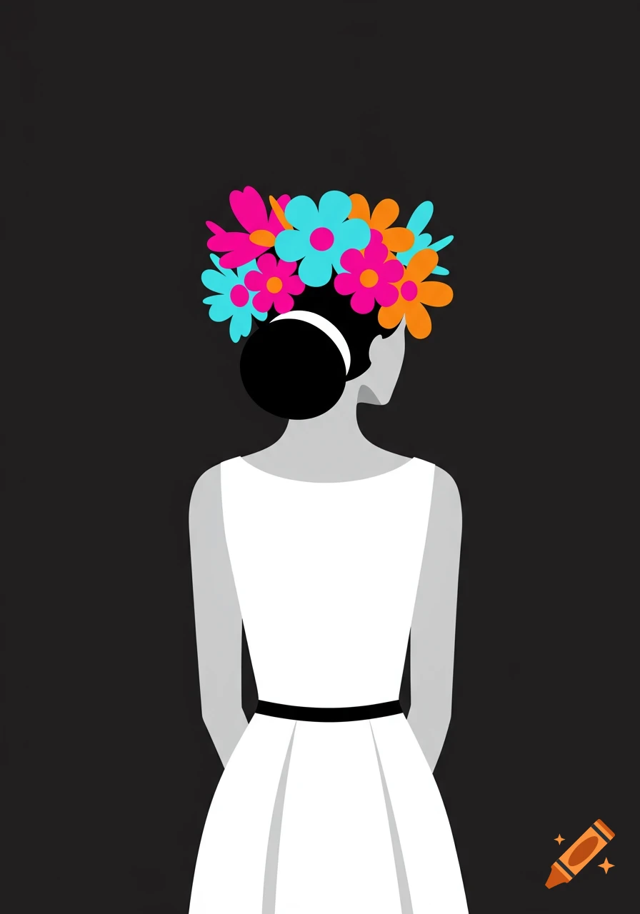 A flat design illustration of a woman from behind, wearing a white dress and a colorful flower crown against a dark background.