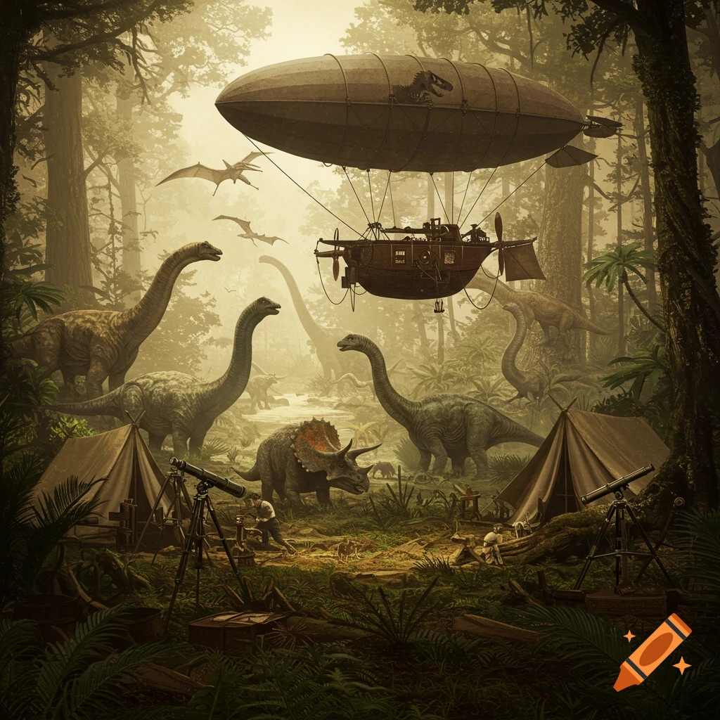 A vintage steampunk airship hovers over an expedition camp in a lush, misty jungle teeming with various dinosaurs, including sauropods, a triceratops, and flying pterodactyls.