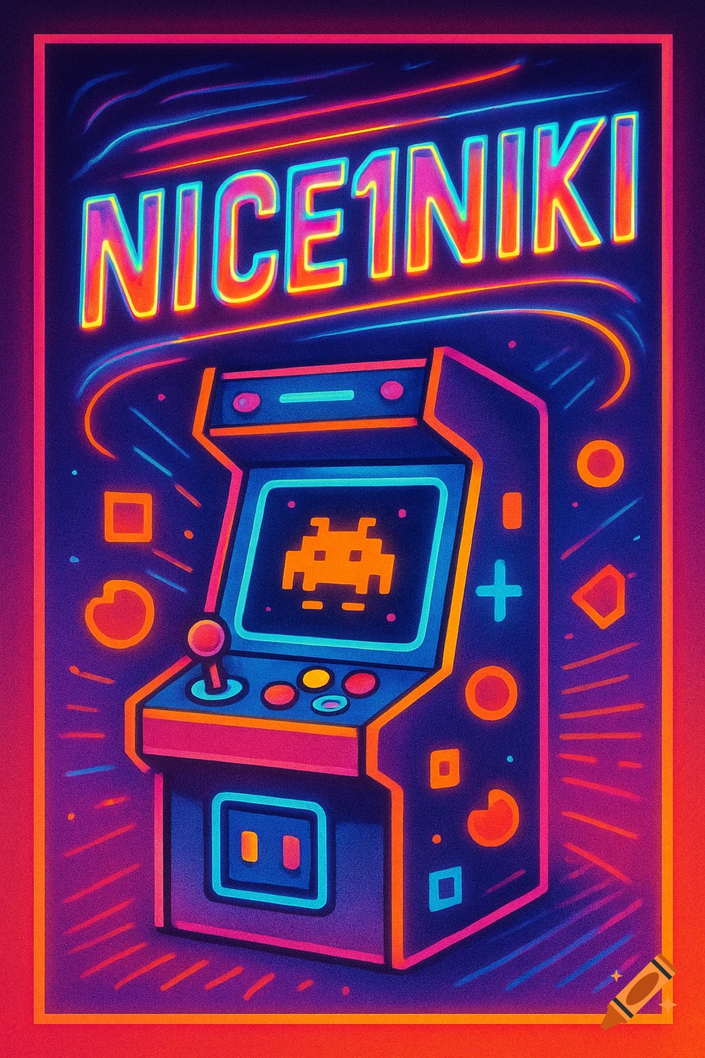 A vibrant neon poster featuring an arcade machine with a pixel alien on screen and the words 'NICE1NIKI' in glowing letters.