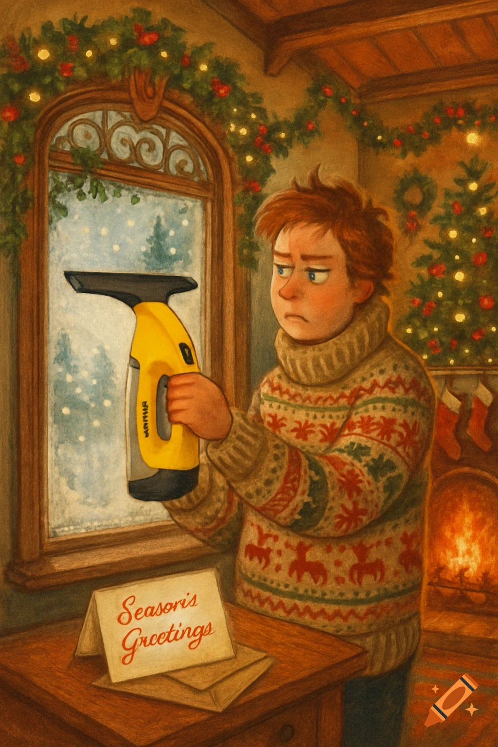 Illustrated, a frustrated person in a cozy Christmas-decorated room cleaning a snowy window with a yellow vacuum cleaner.