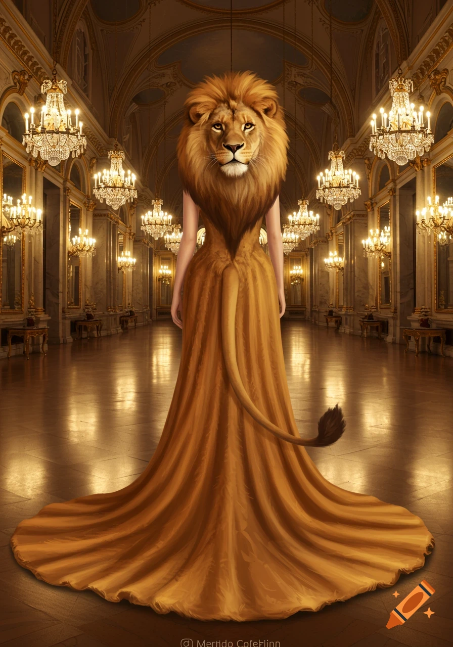 A regal lion-headed woman in a golden gown with a tail stands in an opulent ballroom filled with chandeliers.