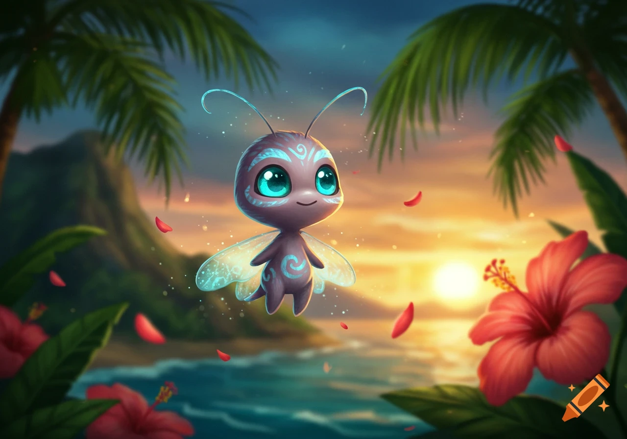 A cute, cartoon-style fairy creature with glowing wings and large blue eyes floats over a tropical beach at sunset, surrounded by palm trees and hibiscus flowers.
