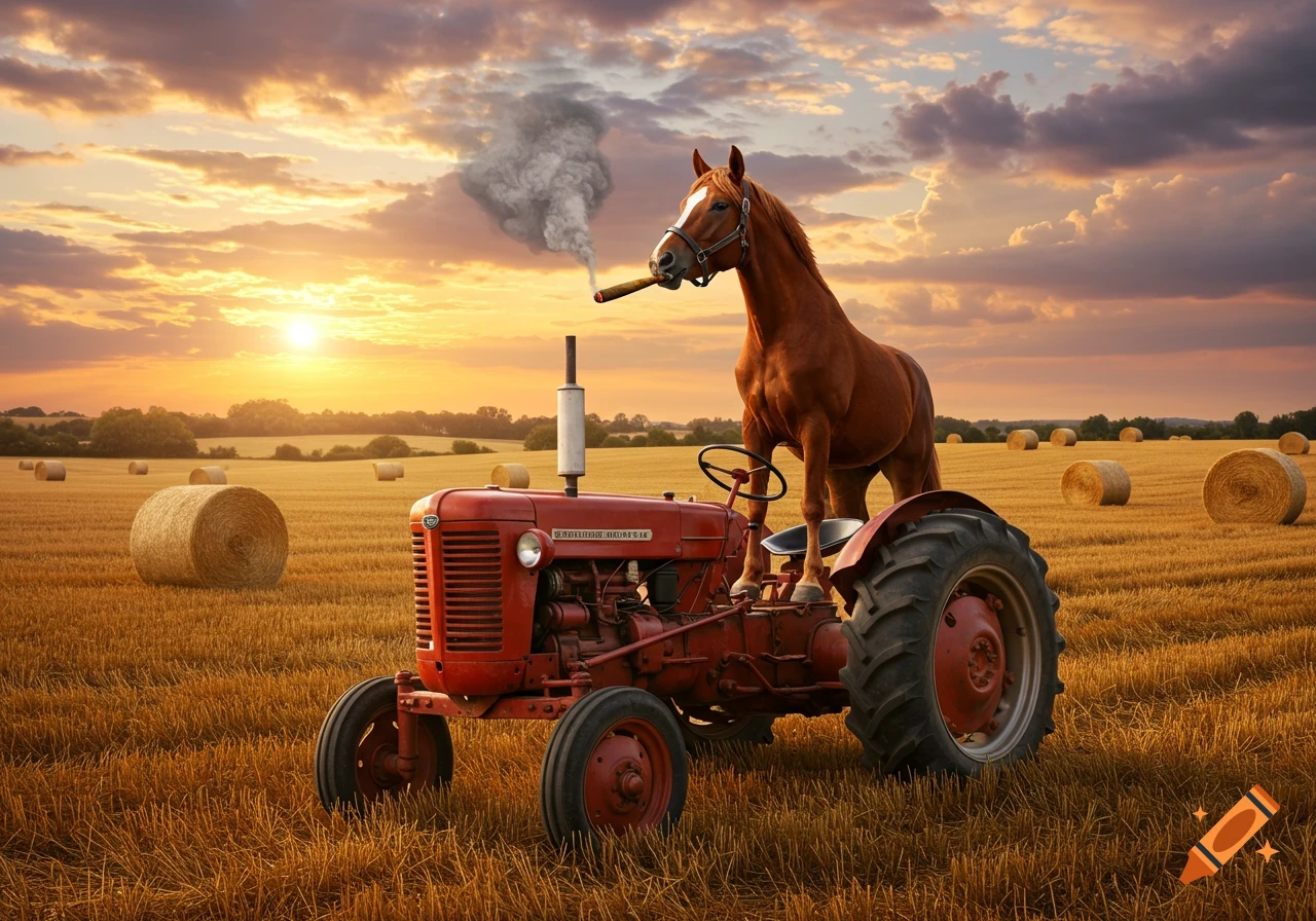 A photorealistic brown horse stands on a red tractor, smoking a cigar, in a golden hay field at sunset with bales.