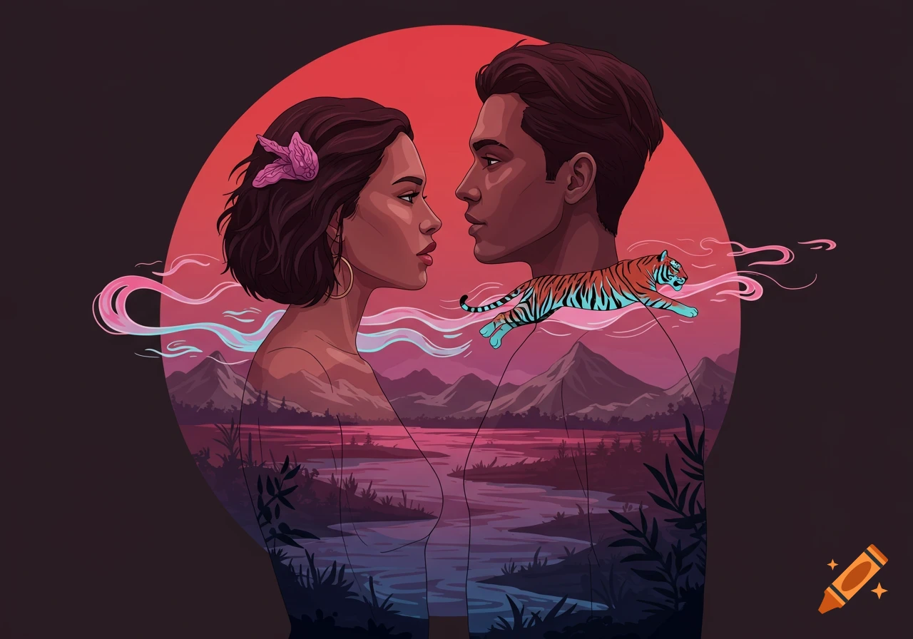 Stylized double exposure portrait of a man and woman facing each other, their bodies revealing a landscape with a river and mountains. A tiger leaps between them.