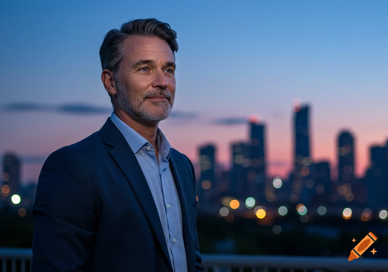 Mature man in a blue suit looks out over a blurred city skyline at dusk.