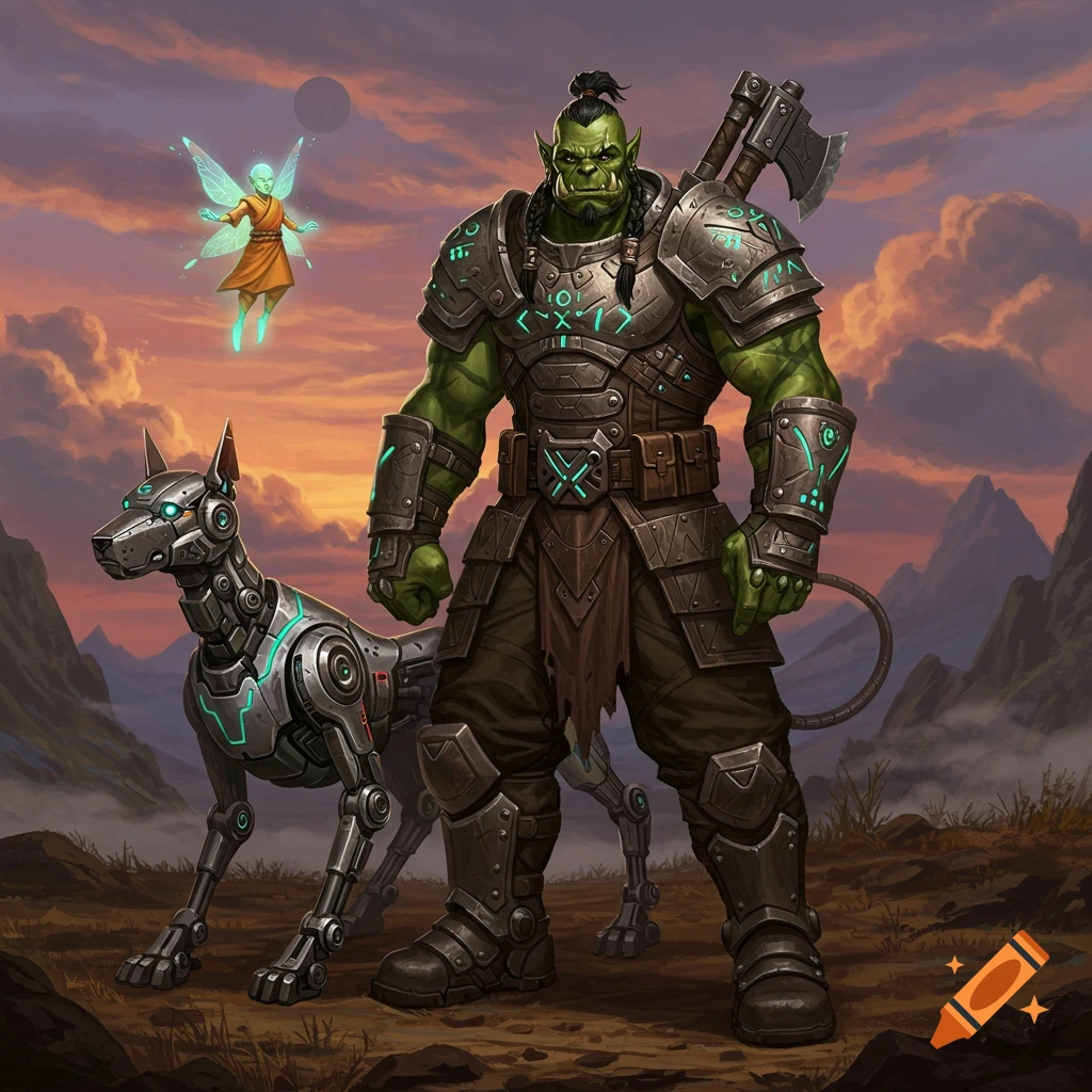 An armored green orc stands with a glowing robotic dog and a small floating fairy in a mountainous sunset landscape.