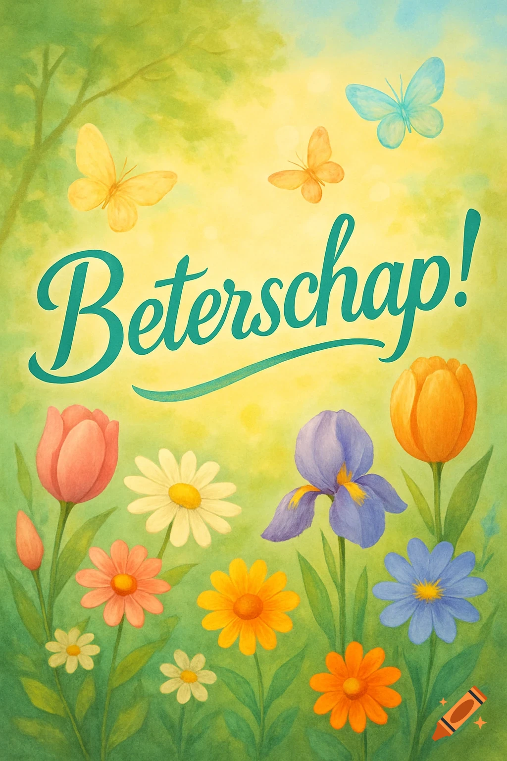 A vibrant watercolor illustration of various colorful flowers and butterflies with the Dutch word "Beterschap!" (Get Well soon) centrally placed.
