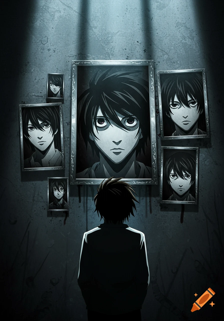 Anime character L looking at a wall with multiple framed portraits of another character in a dark, moody style.