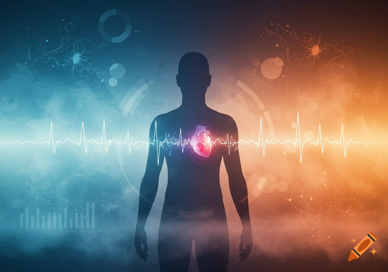 Human silhouette with a glowing heart and an ECG waveform across an abstract blue and orange scientific background.