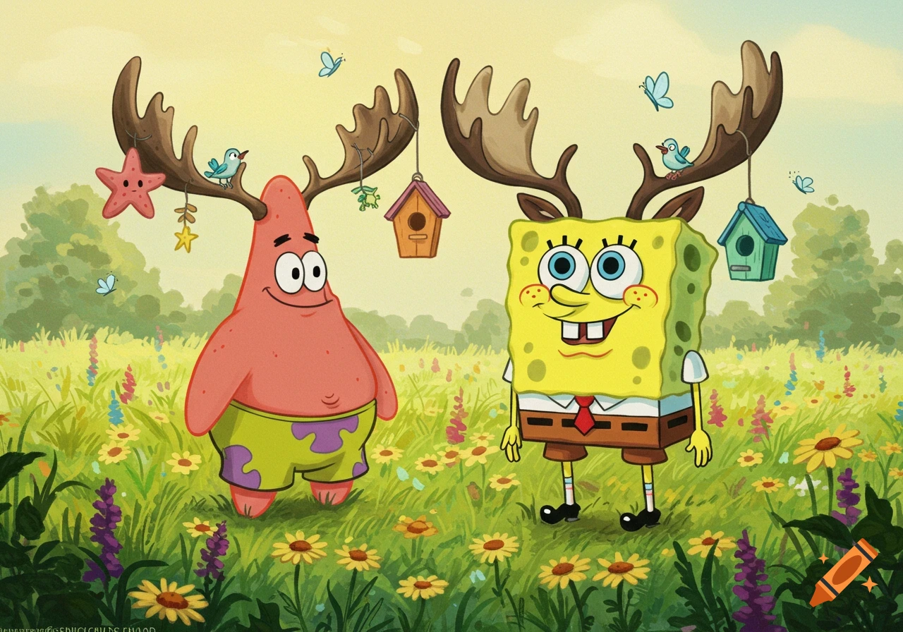 SpongeBob and Patrick Star wear moose antlers and stand in a sunny field of colorful flowers, birds, and butterflies.