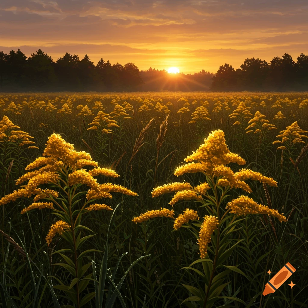 Photorealistic landscape of a field of goldenrod flowers bathed in the warm glow of a sunset, with a forest in the background.