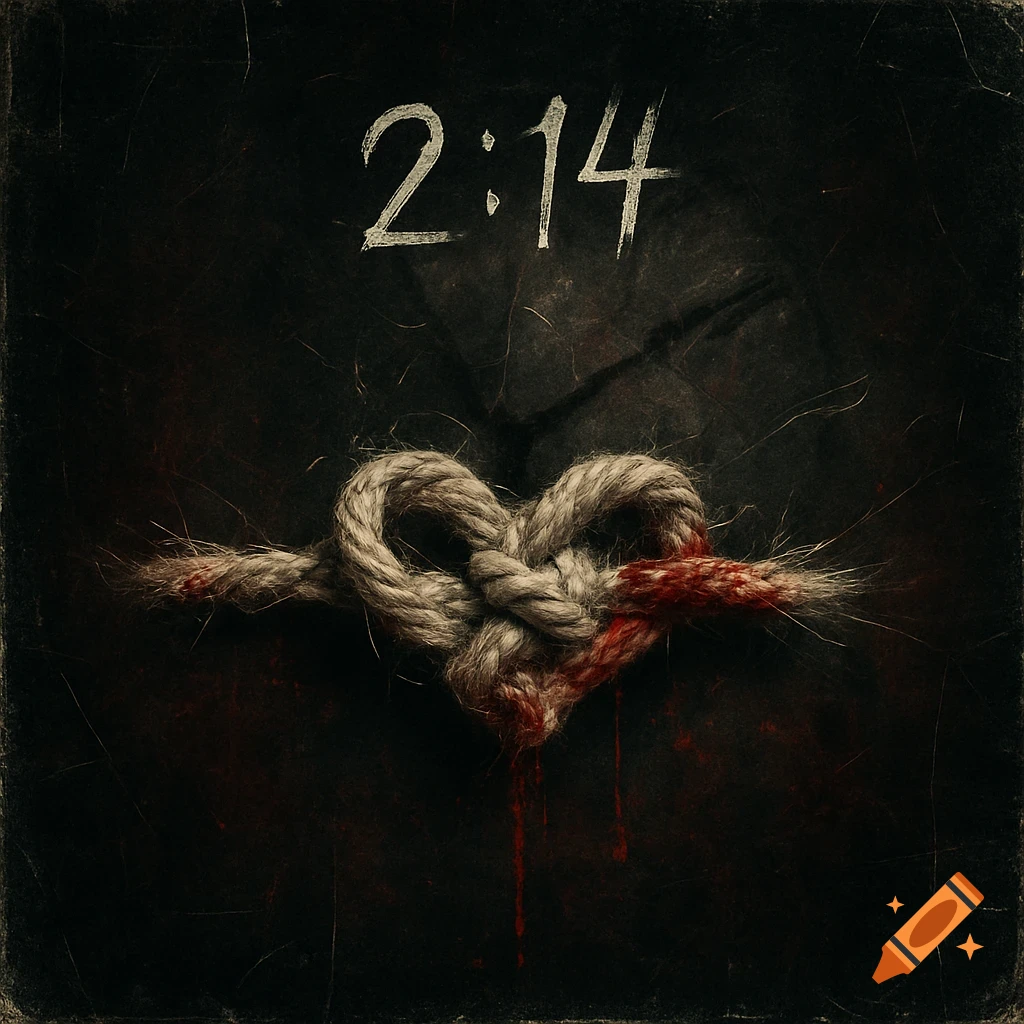 A dark, moody album cover featuring a blood-stained, heart-shaped knot of frayed rope against a grungy background with '2:14' written above.