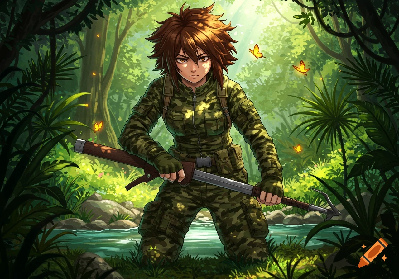 An anime character with spiky brown hair, wearing a camouflage military uniform, kneels in a lush jungle, holding a weapon.