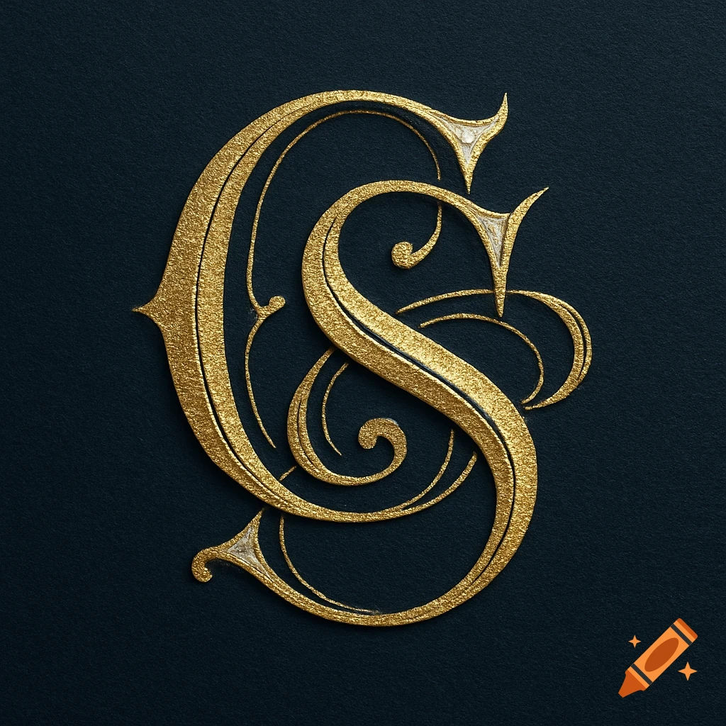 Ornate gold monogram of letters G and S on a dark teal textured background.