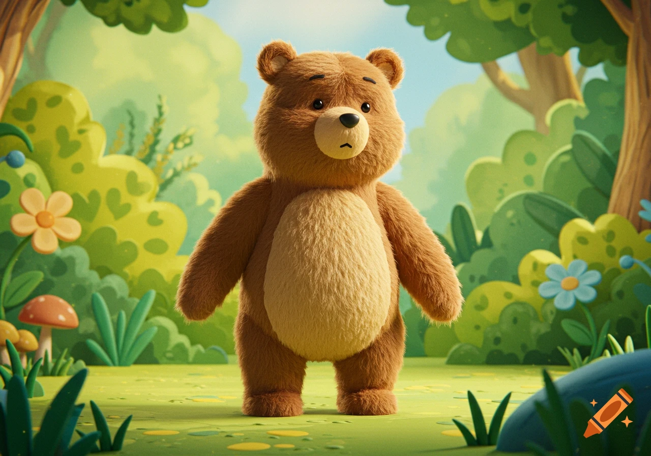 A fluffy brown cartoon bear stands in a vibrant, cheerful children's storybook forest.