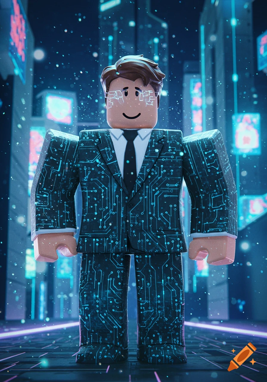 A Roblox-style character in a circuit board patterned suit stands in a glowing futuristic city with falling data particles.