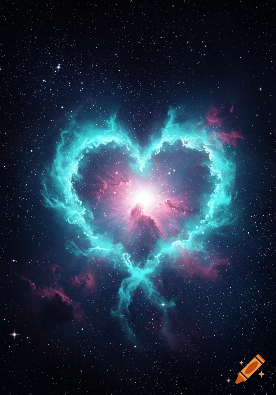 A vibrant heart-shaped nebula with teal and pink gas glows brightly against a dark, starry cosmic background.
