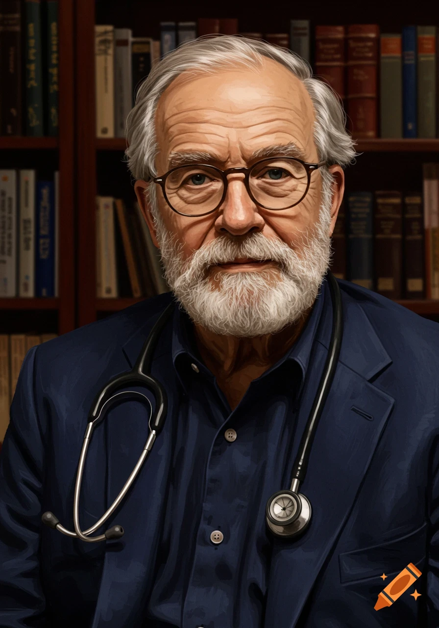 Painting portrait of an older, bespectacled doctor with a white beard and stethoscope in front of bookshelves.