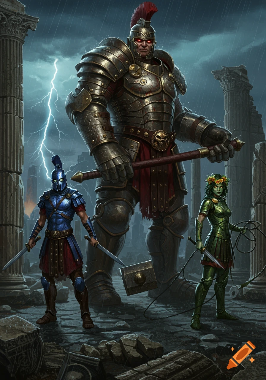 Three Roman-themed armored figures: a giant with a warhammer, a smaller warrior with dual swords, and a woman with a whip, standing in stormy ruins.