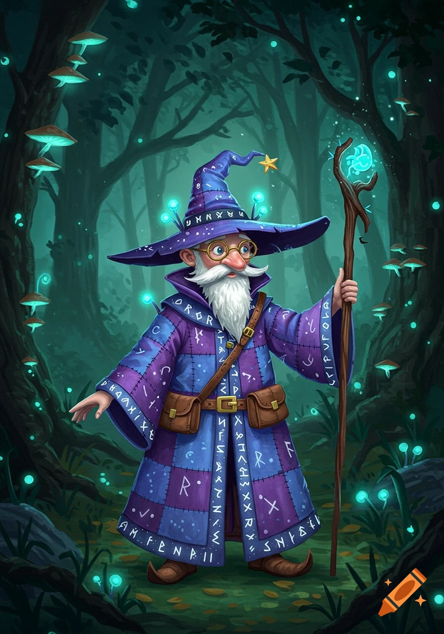 A cheerful cartoon wizard with a long white beard, purple hat, and runic robe holds a glowing staff in a magical forest with bioluminescent mushrooms.
