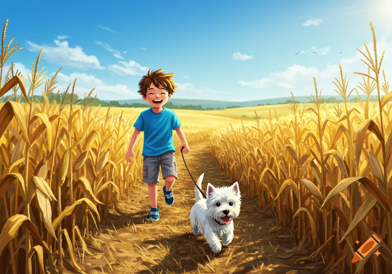 A happy boy in a blue t-shirt and grey shorts walks a white Westie dog on a path through a golden cornfield under a blue sky, in an illustrative style.