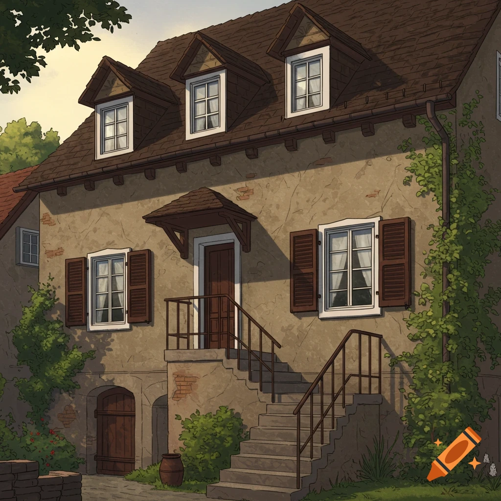 An illustrated taupe-colored German settlement house with a dark brown roof, white window frames, and exterior stairs.