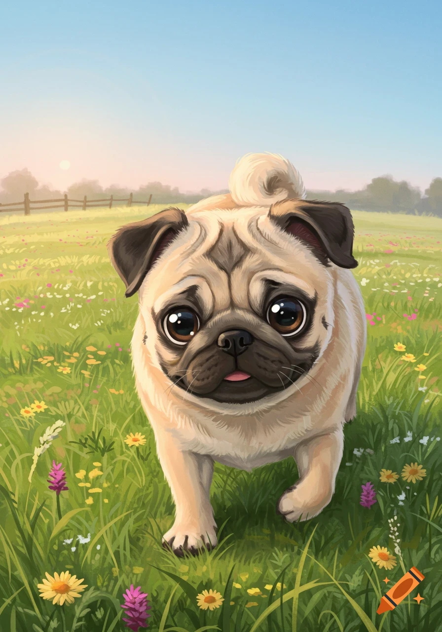 A cute illustrated pug dog with big eyes walks through a green field with colorful wildflowers.