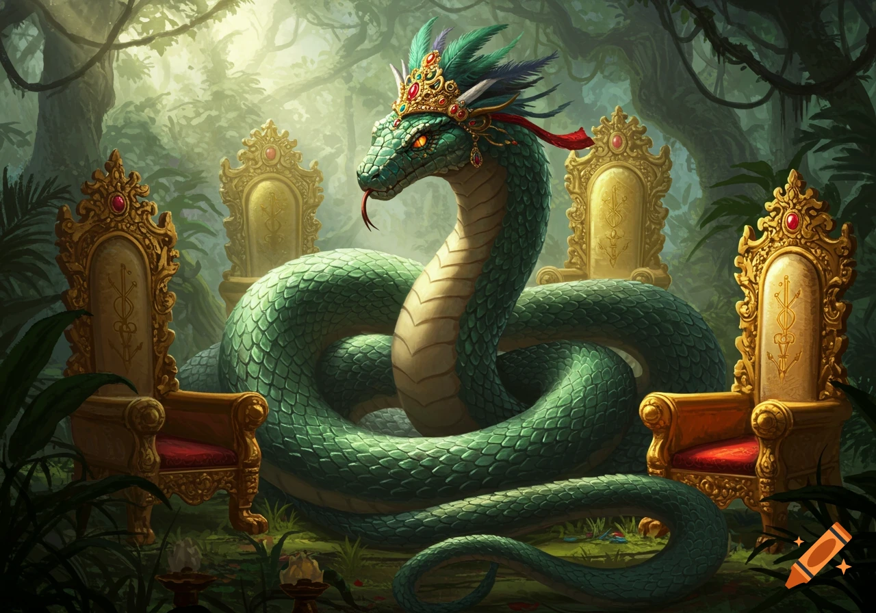 A majestic green feathered serpent with a golden crown coiled among ornate golden thrones in a lush jungle, fantasy art.