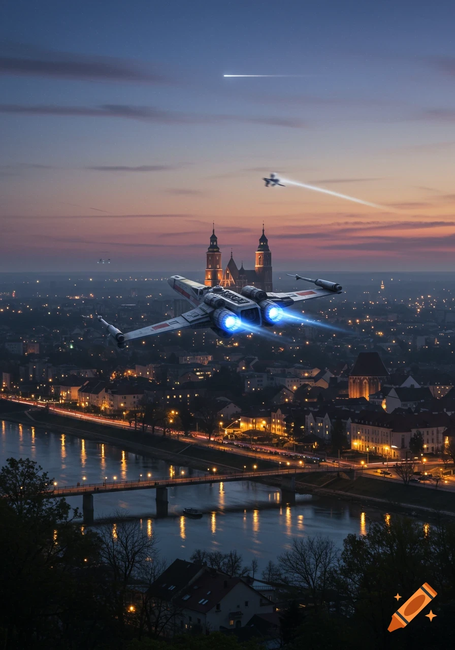 A photorealistic X-wing flies over a bustling city with a river and illuminated bridges at dusk, with other aircraft in the sky.