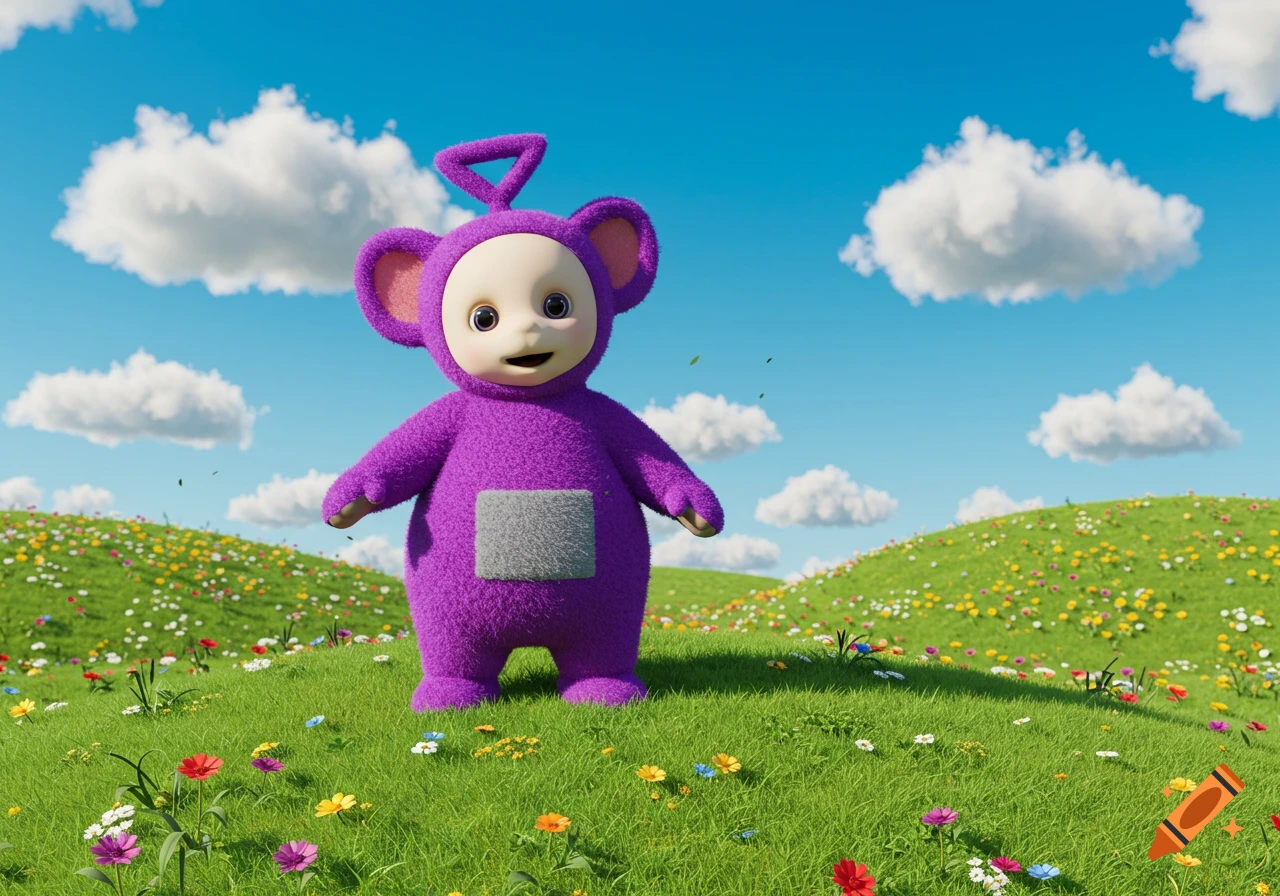 A purple Teletubby with a triangular antenna stands smiling on a green, flower-filled hill under a bright blue sky with white clouds.