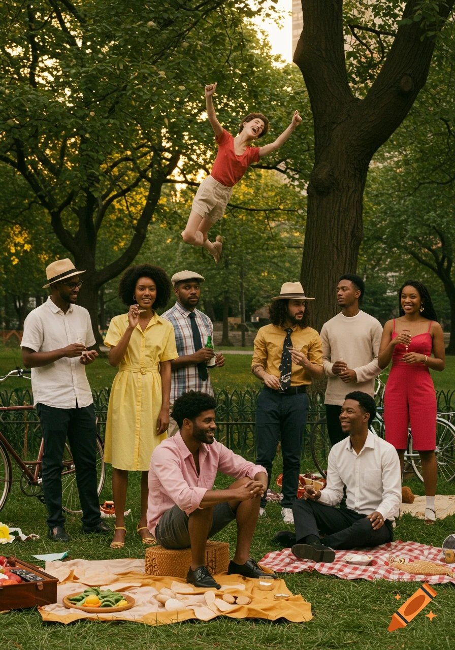 A diverse group of adults enjoys a picnic in a park, with one person joyfully jumping in the air.