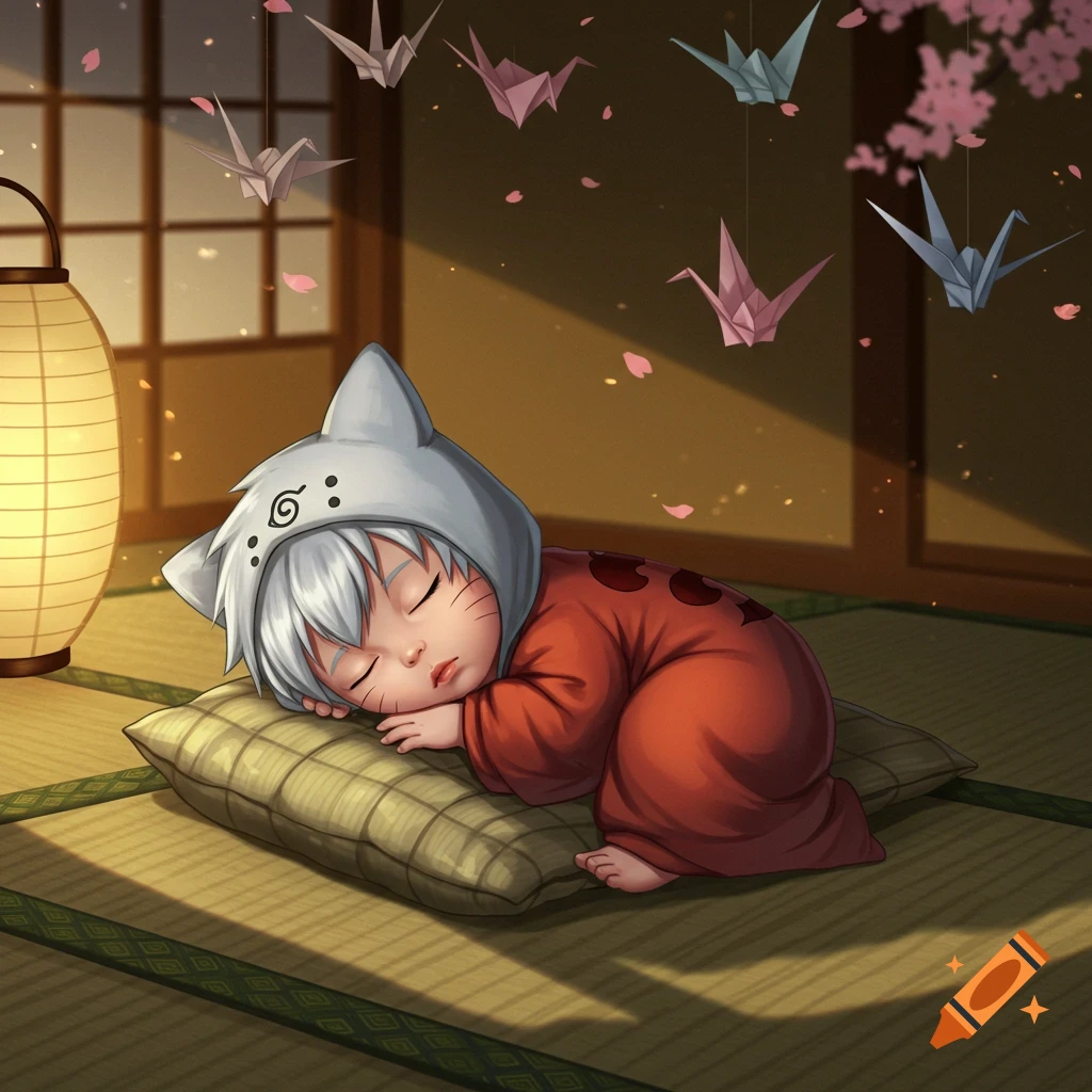 Anime baby boy with grey hair and pale skin, wearing a cat-eared hood, sleeping in a red onesie on a pillow in a Japanese room.