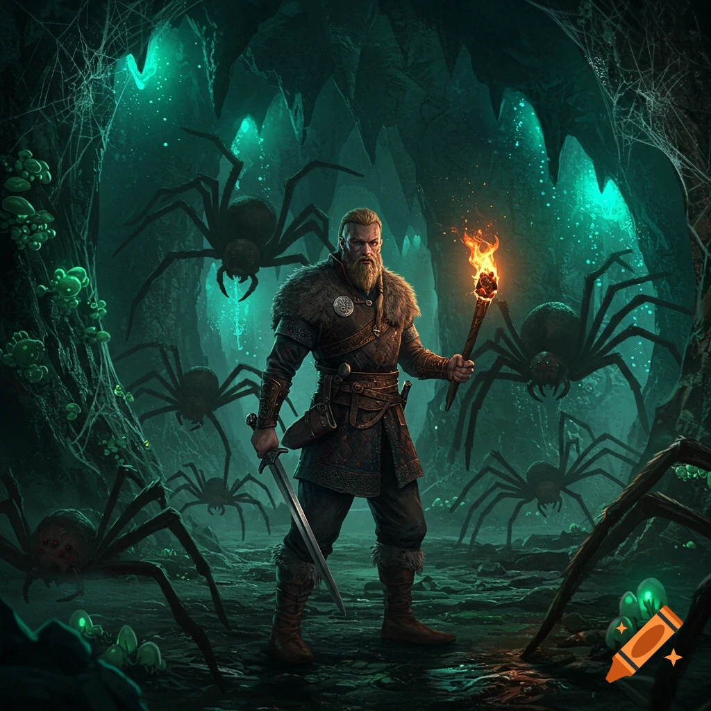 A bearded Viking-like man with a sword and torch stands in a glowing green cave, surrounded by giant spiders. Dark fantasy illustration.