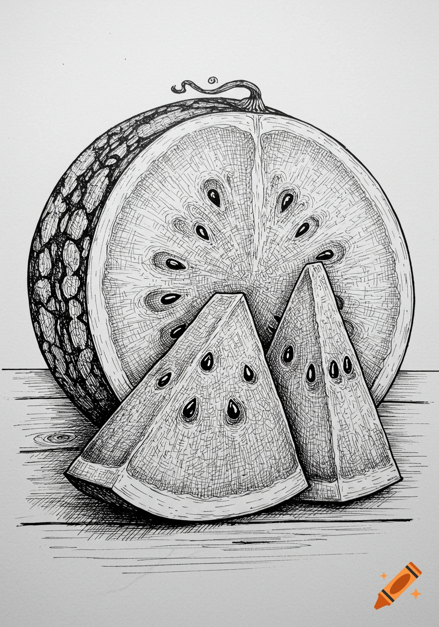 Black and white line drawing of a halved watermelon with two triangular slices, resting on a wooden surface.