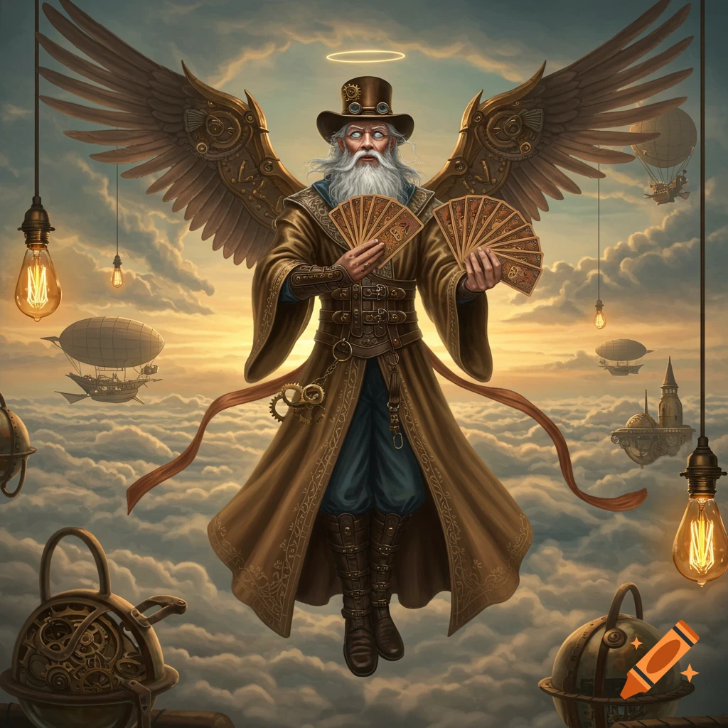 A steampunk wizard with mechanical wings and a halo floats above the clouds, holding two fans of cards. Airships and glowing lightbulbs fill the sky at sunset.