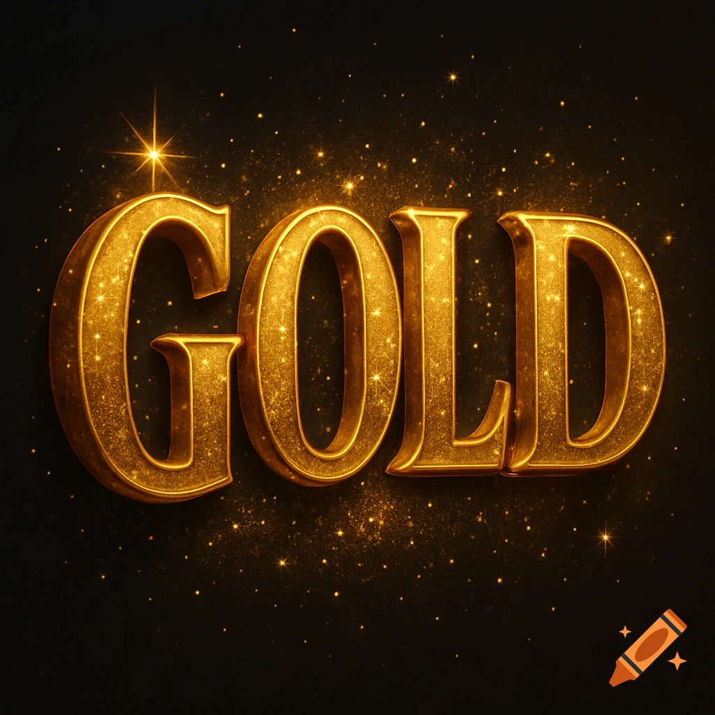 The word GOLD in a shiny, glittering 3D golden font against a dark, sparkling background.