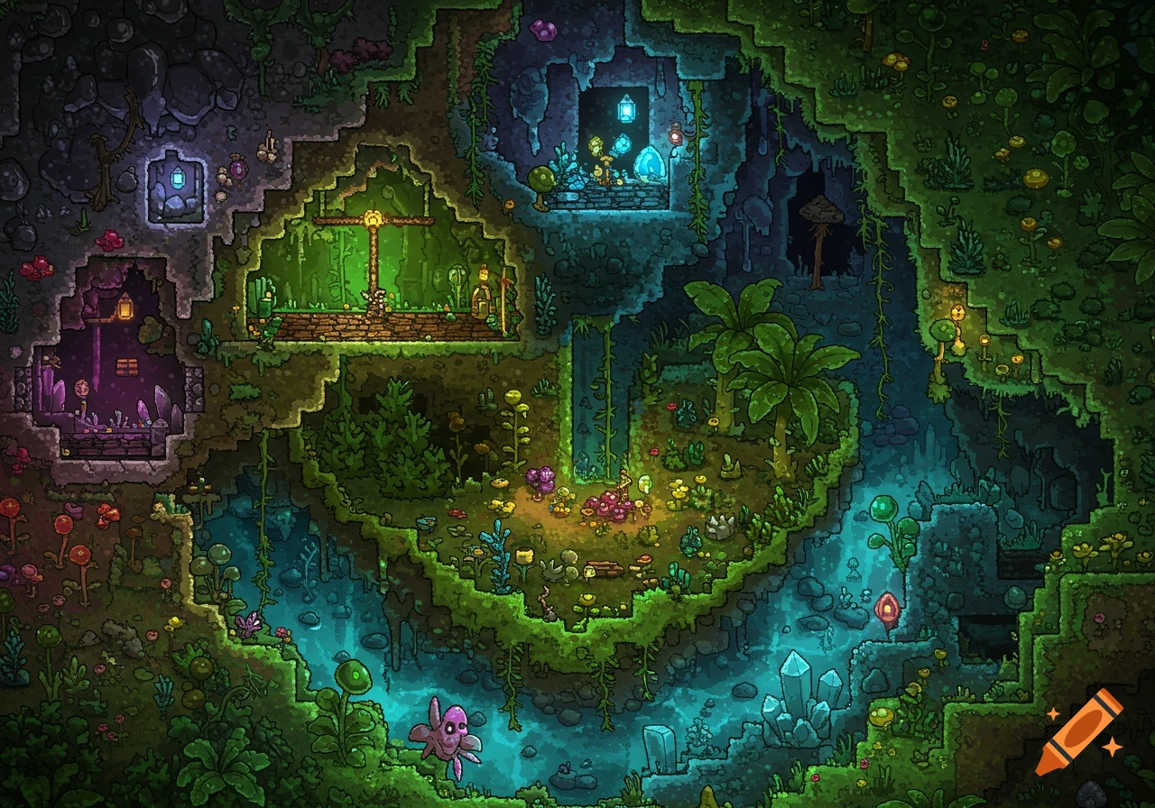 Vibrant cartoon underground cave system, Terraria-themed, with glowing flora, crystals, and water.
