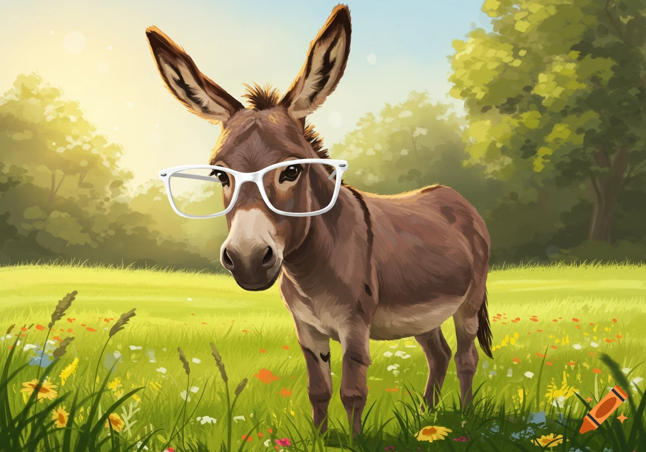 A brown donkey wearing white-framed glasses stands in a sunny green meadow with wildflowers.