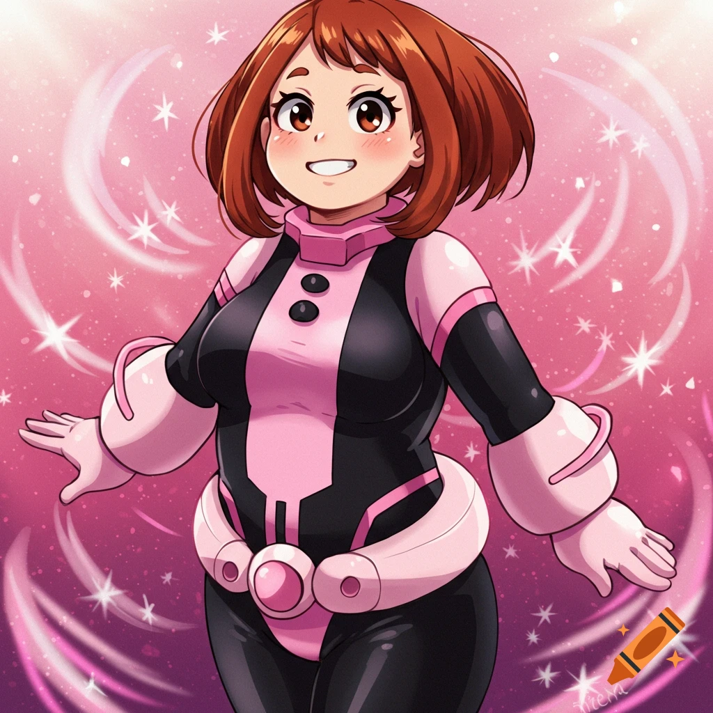 A smiling, chubby anime girl, Ochako Uraraka, in her pink and black hero suit, surrounded by pink stars and swirls.