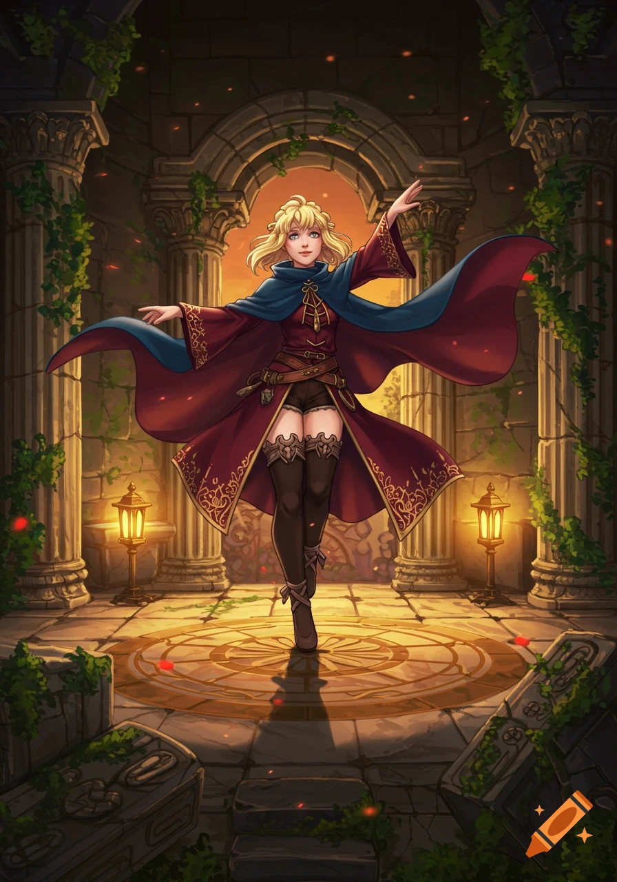 Anime fantasy character with blonde hair in a red robe and blue cape, posing in ancient, overgrown ruins with lanterns.